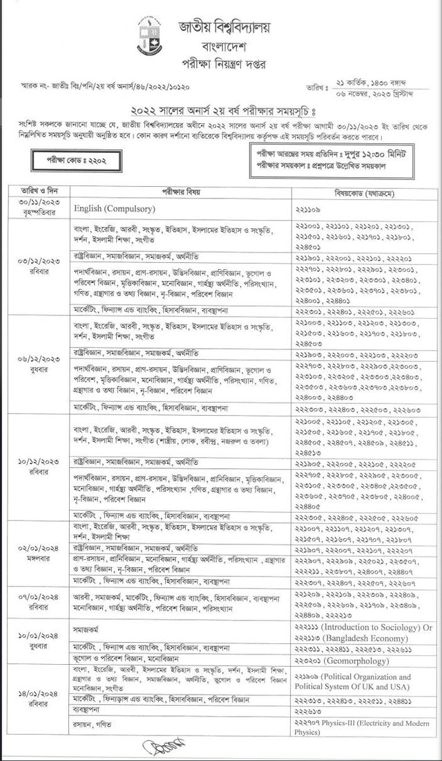 honours 2nd year exam routine 