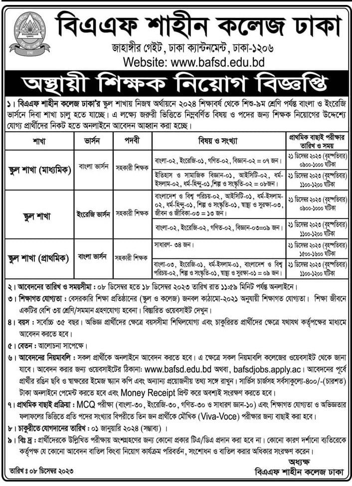 BAF Shaheen School and College Dhaka Job Circular 2024