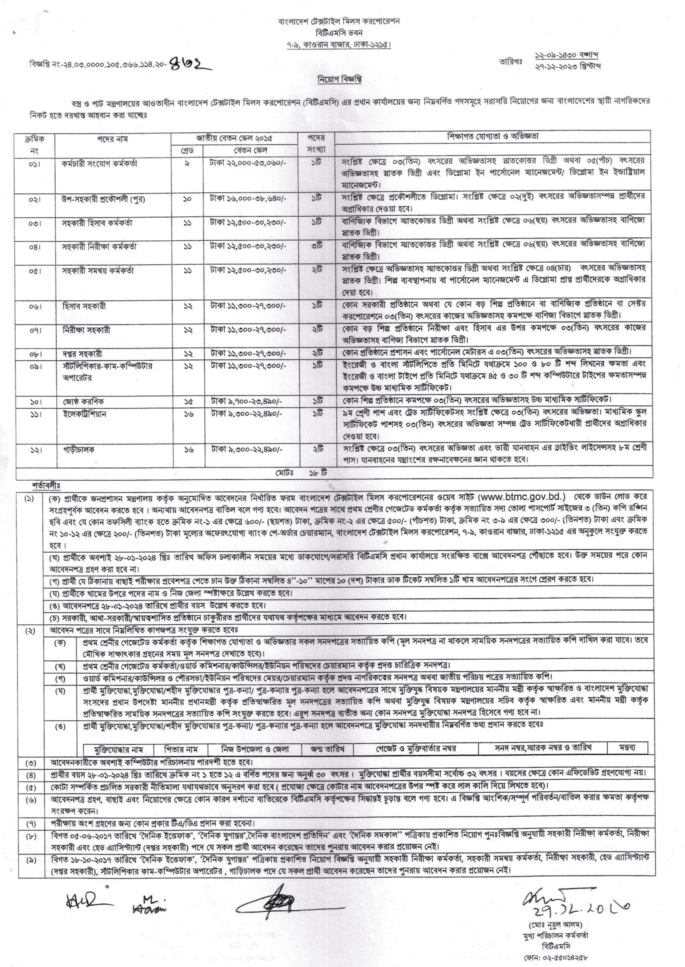 Bangladesh Textile Mills Corporation Job Circular