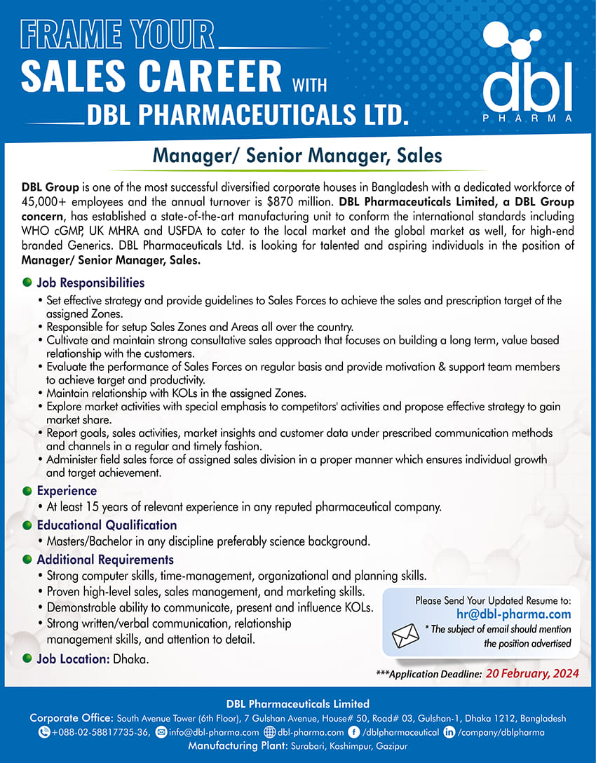 DBL Pharmaceuticals Job Circular 2024 