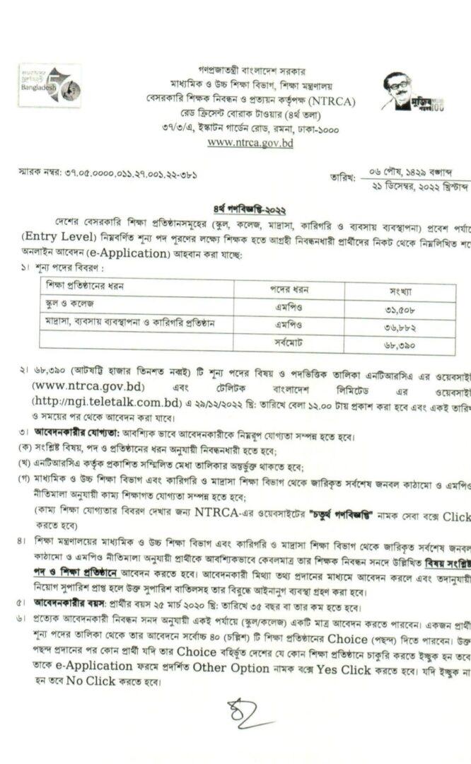 NTRCA 4th Gono Biggopti E-Application Online 2022 - ngi.teletalk.com.bd - 4th Public Circular