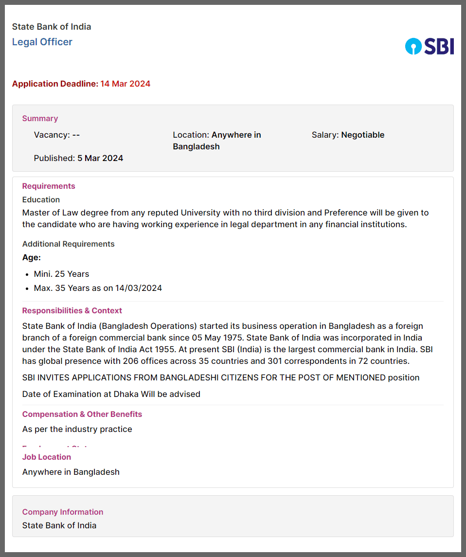 SBI Job Circular 2024