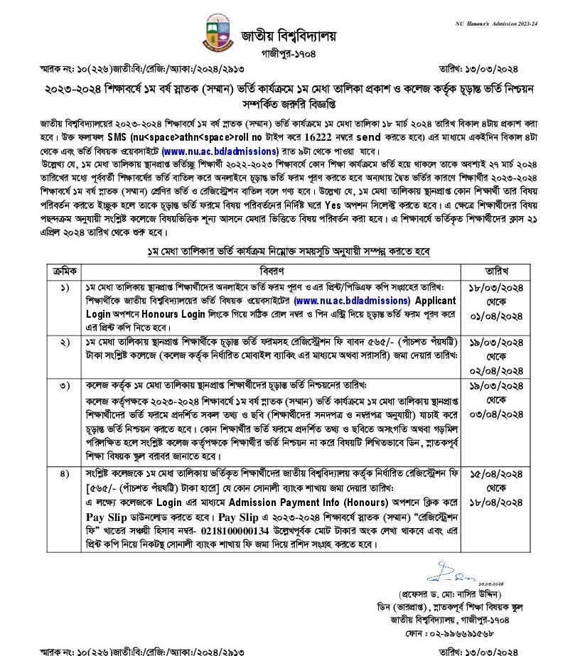 Honours Admission Result 2024 - app1.nu.edu.bd Result NU 1st Merit List