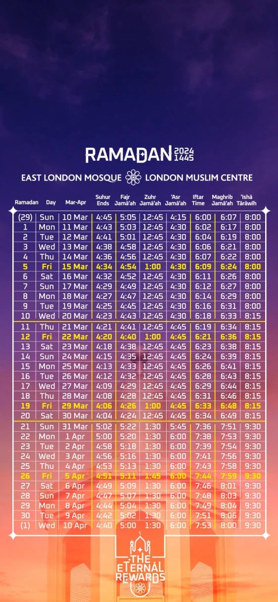 Ramadan 2024 London Timetable - UK Ramadan Calendar 2024