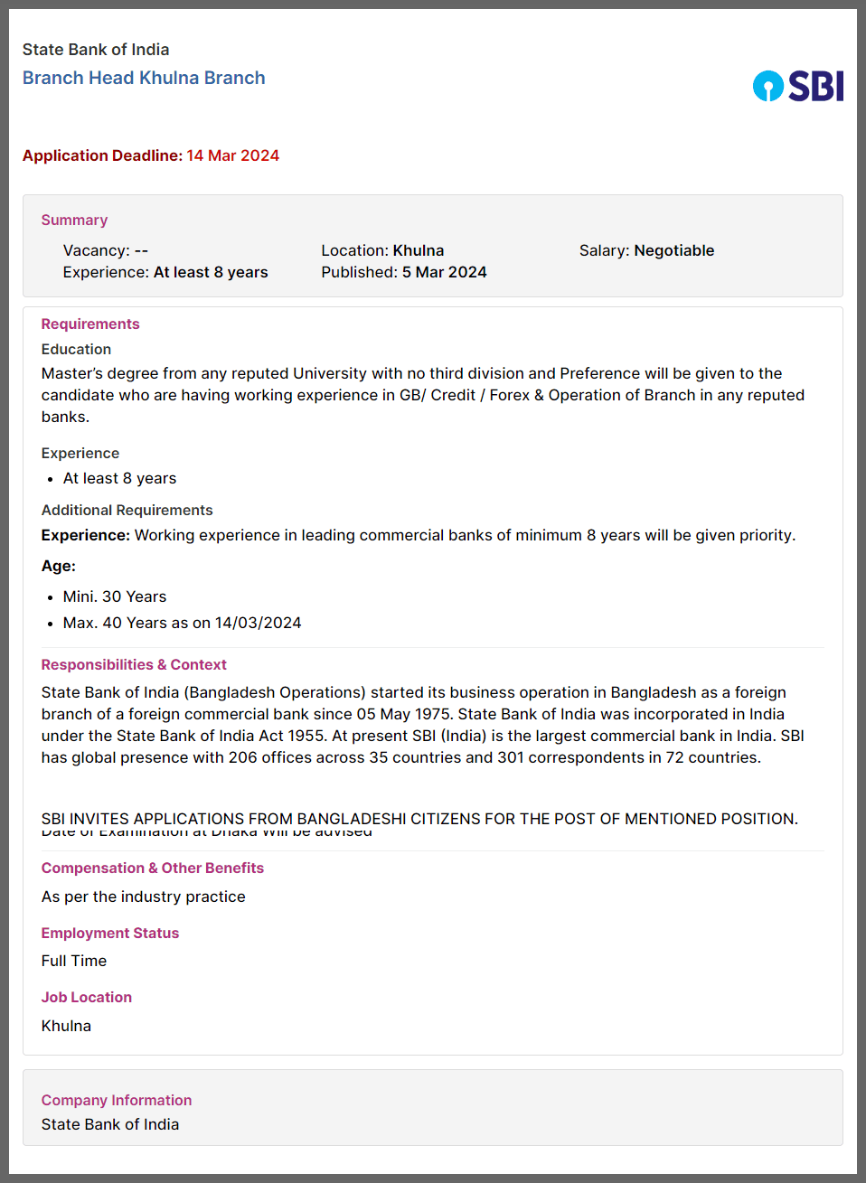 State Bank of India Job Circular 2024
