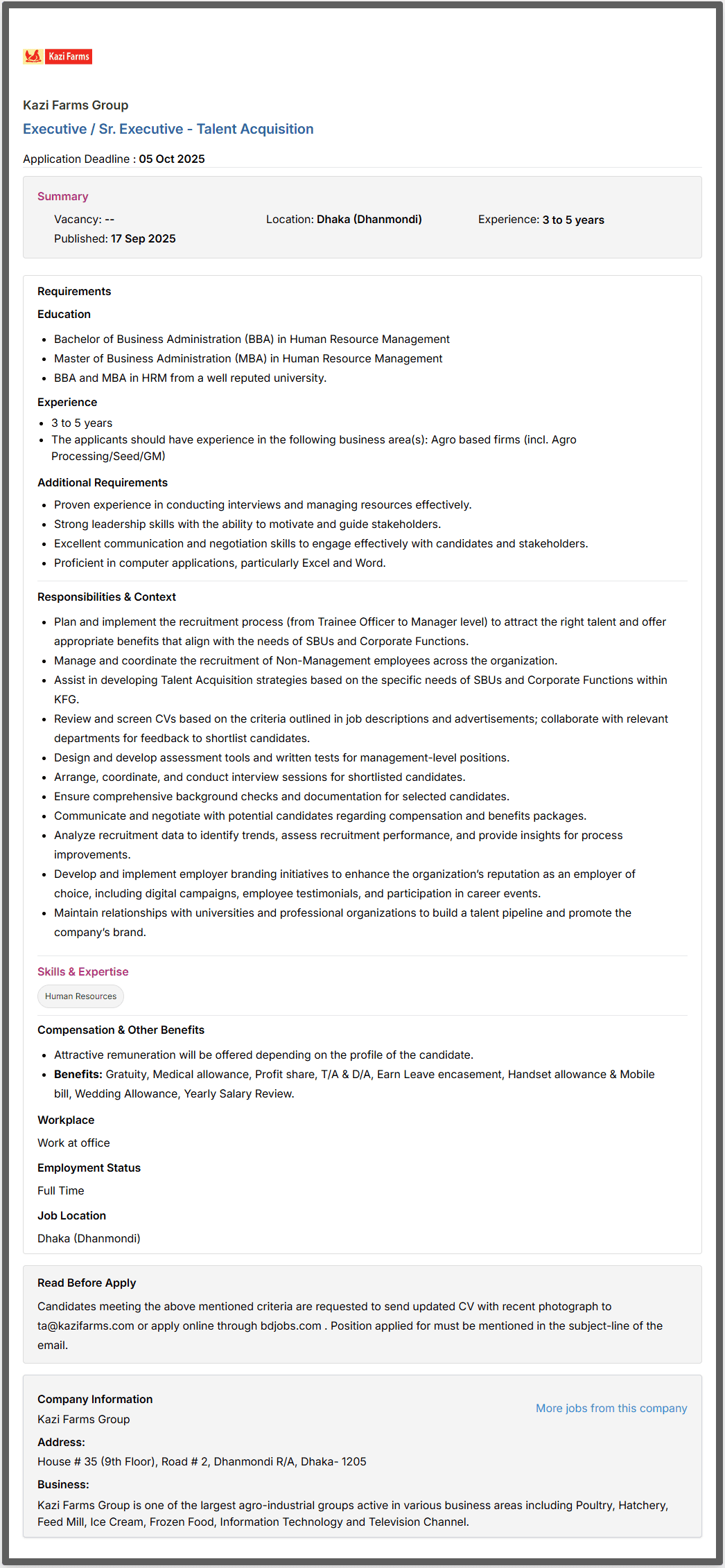Kazi Farms Group Job Circular 2025