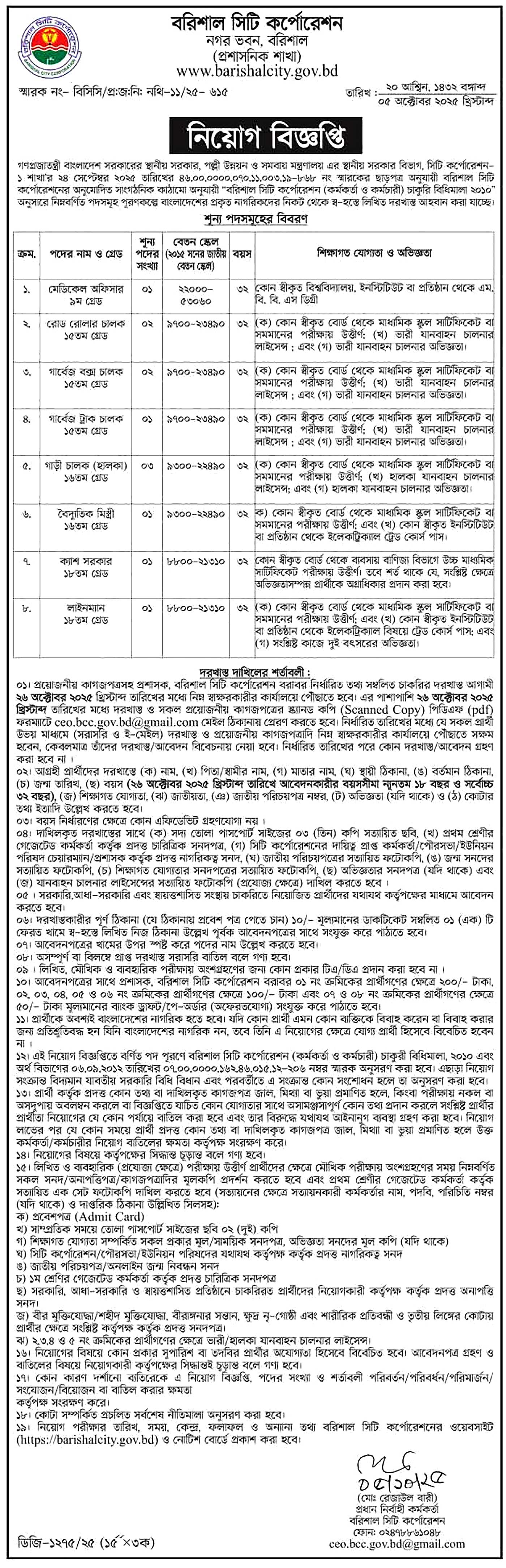 Barishal City Corporation Job Circular 2025