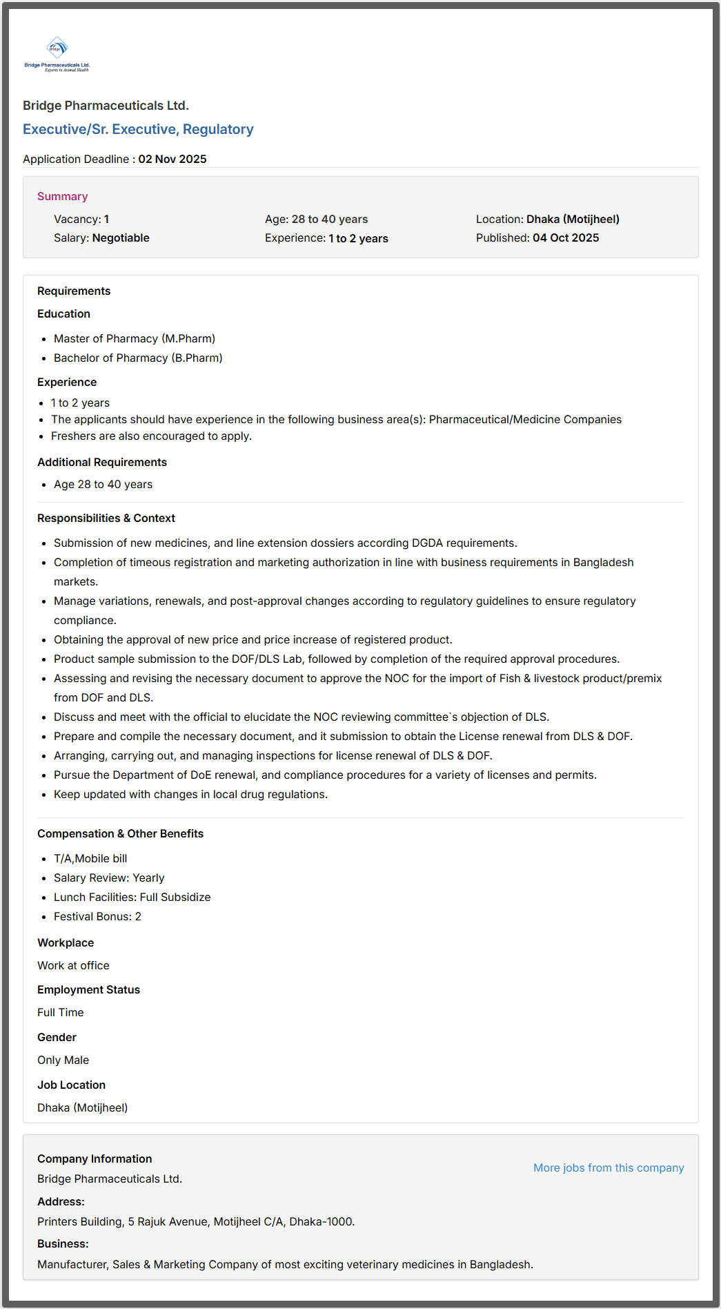 Bridge Pharmaceuticals Job Circular 2025