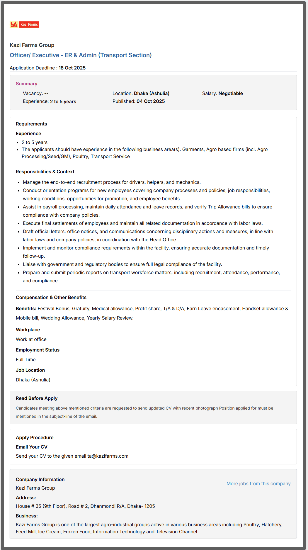 Kazi Farms Group Job Circular 2025